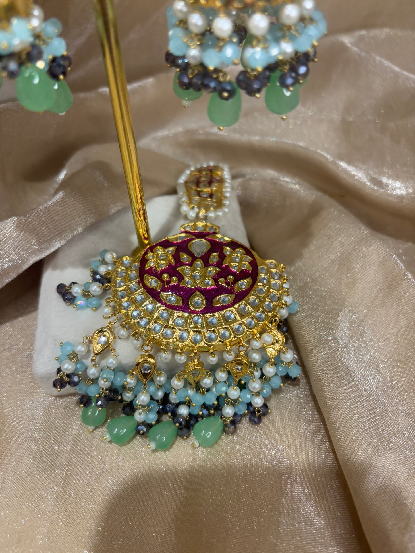 Hot pink and mint green thappa kundan