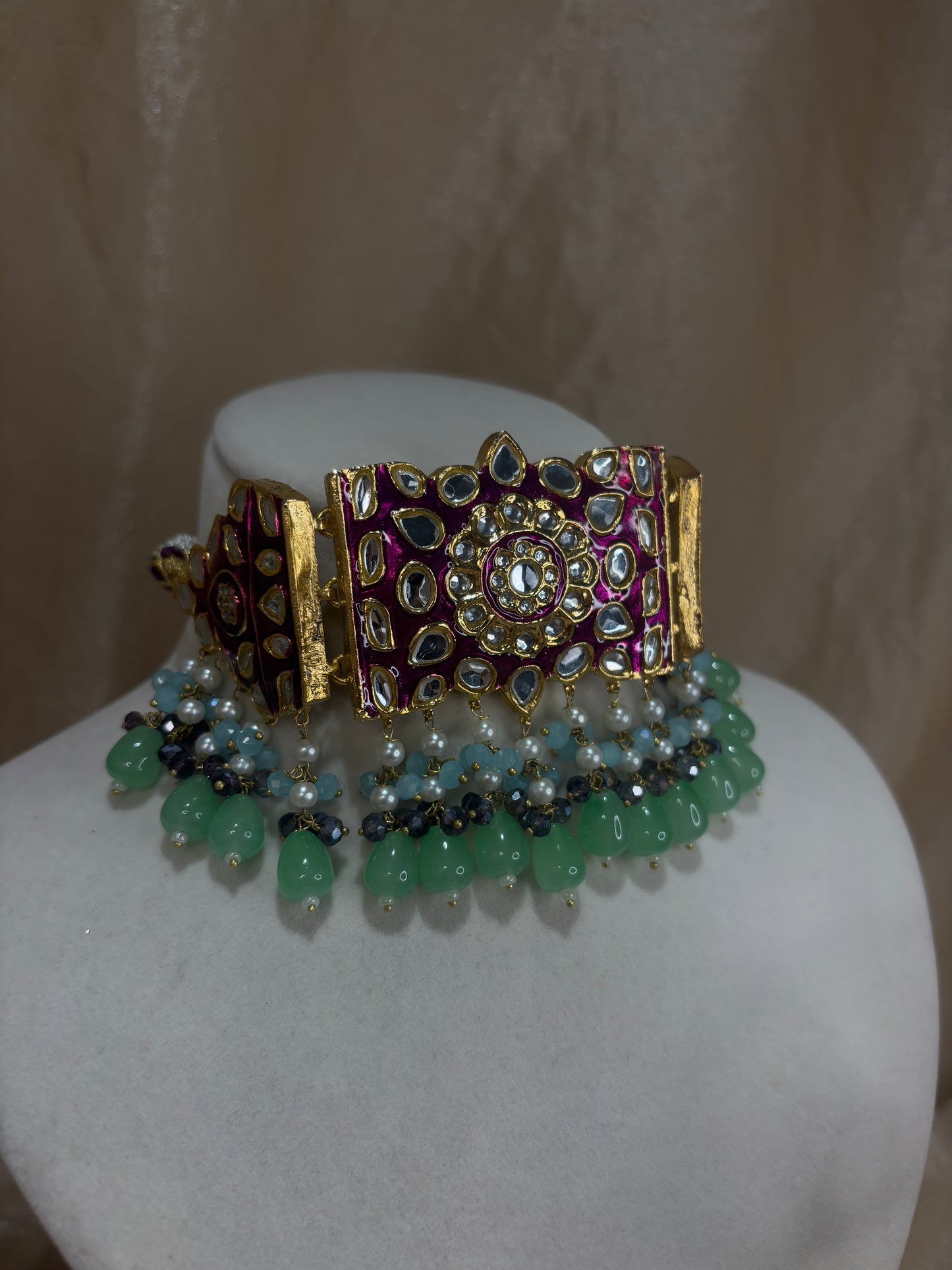 Hot pink and mint green thappa kundan