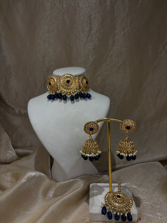 Navy blue antique gold choker set