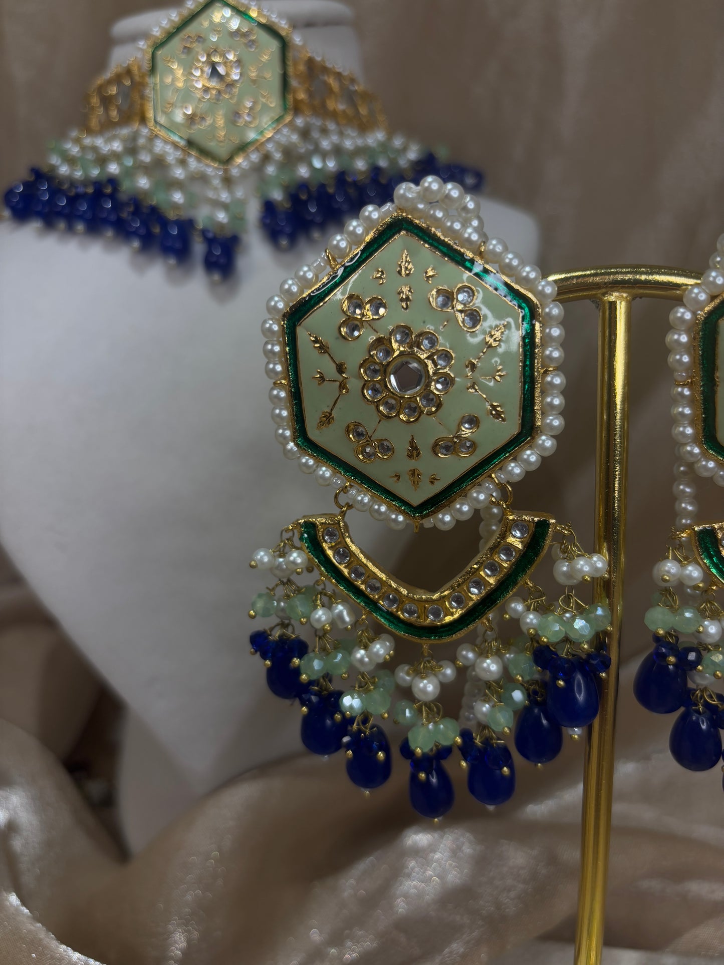 Royal blue and mint green thappa kundan set