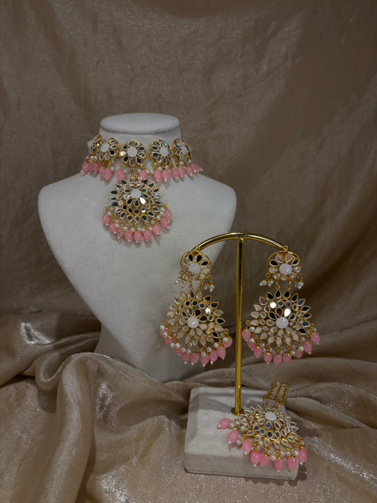Baby pink mirror work choker set