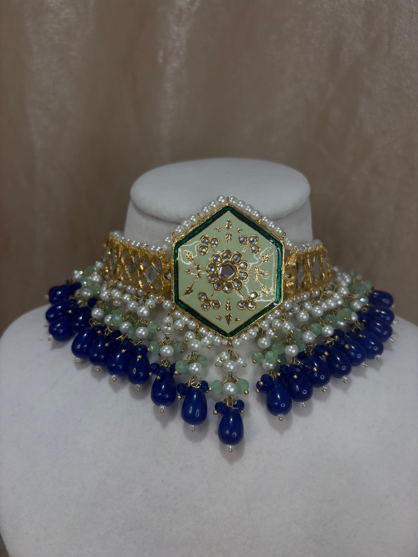 Royal blue and mint green thappa kundan set
