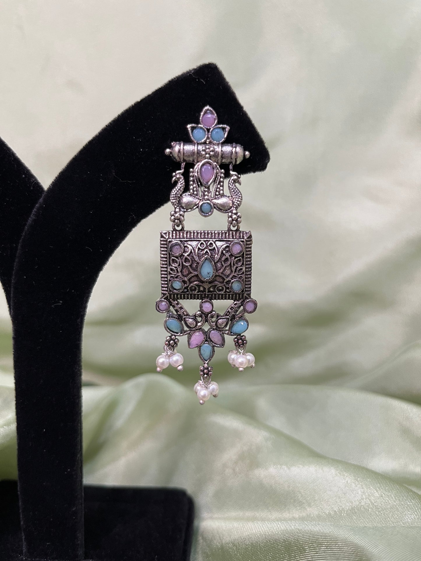 Baby blue and pink oxidized earrings