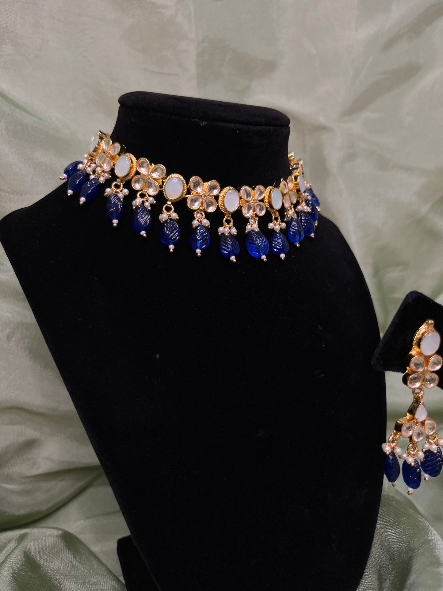 Royal blue and light blue pachi kundan choker set