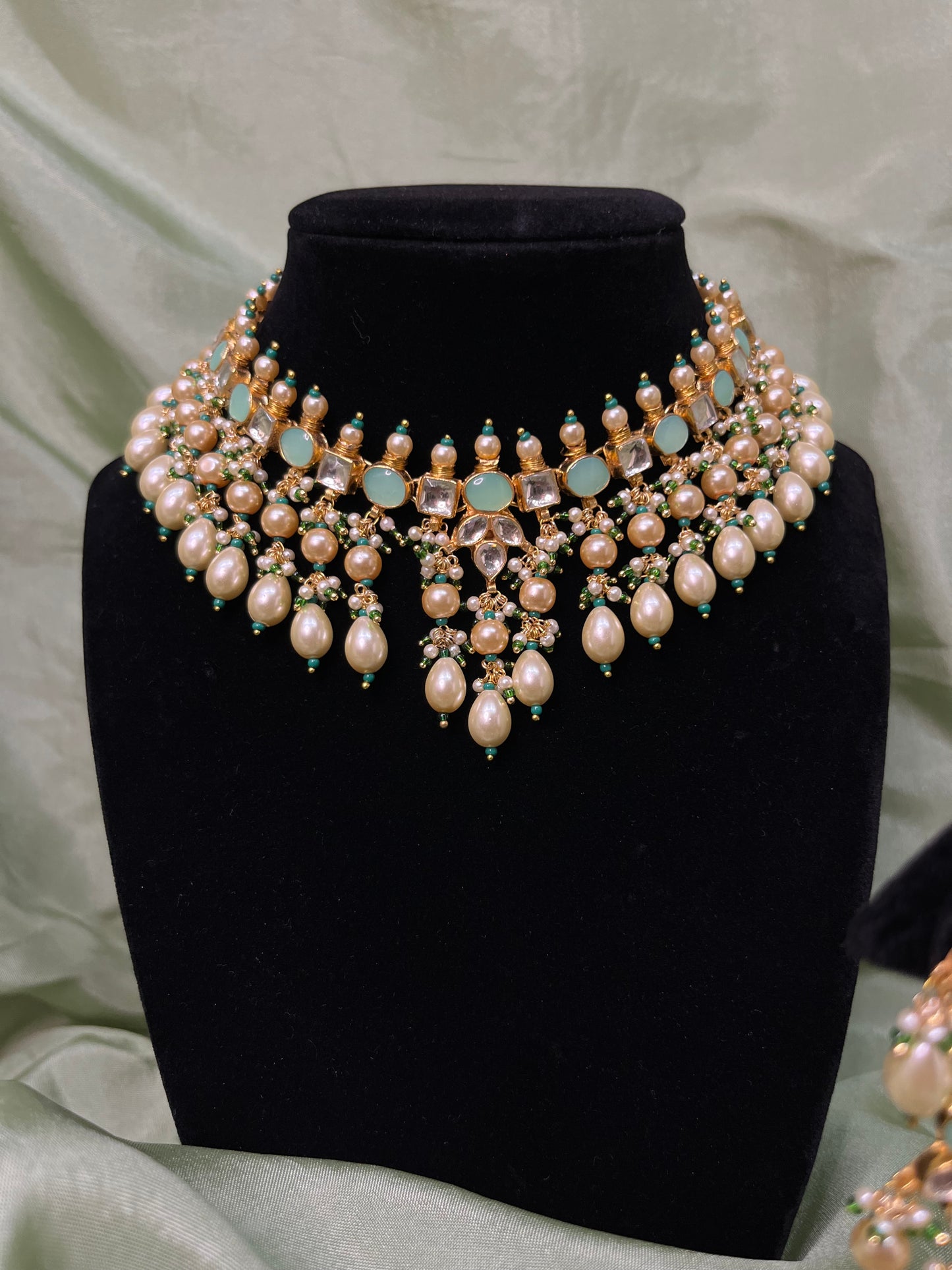 Heavy mint green pachi kundan choker set