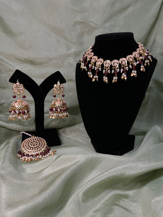 Maroon jadau necklace set