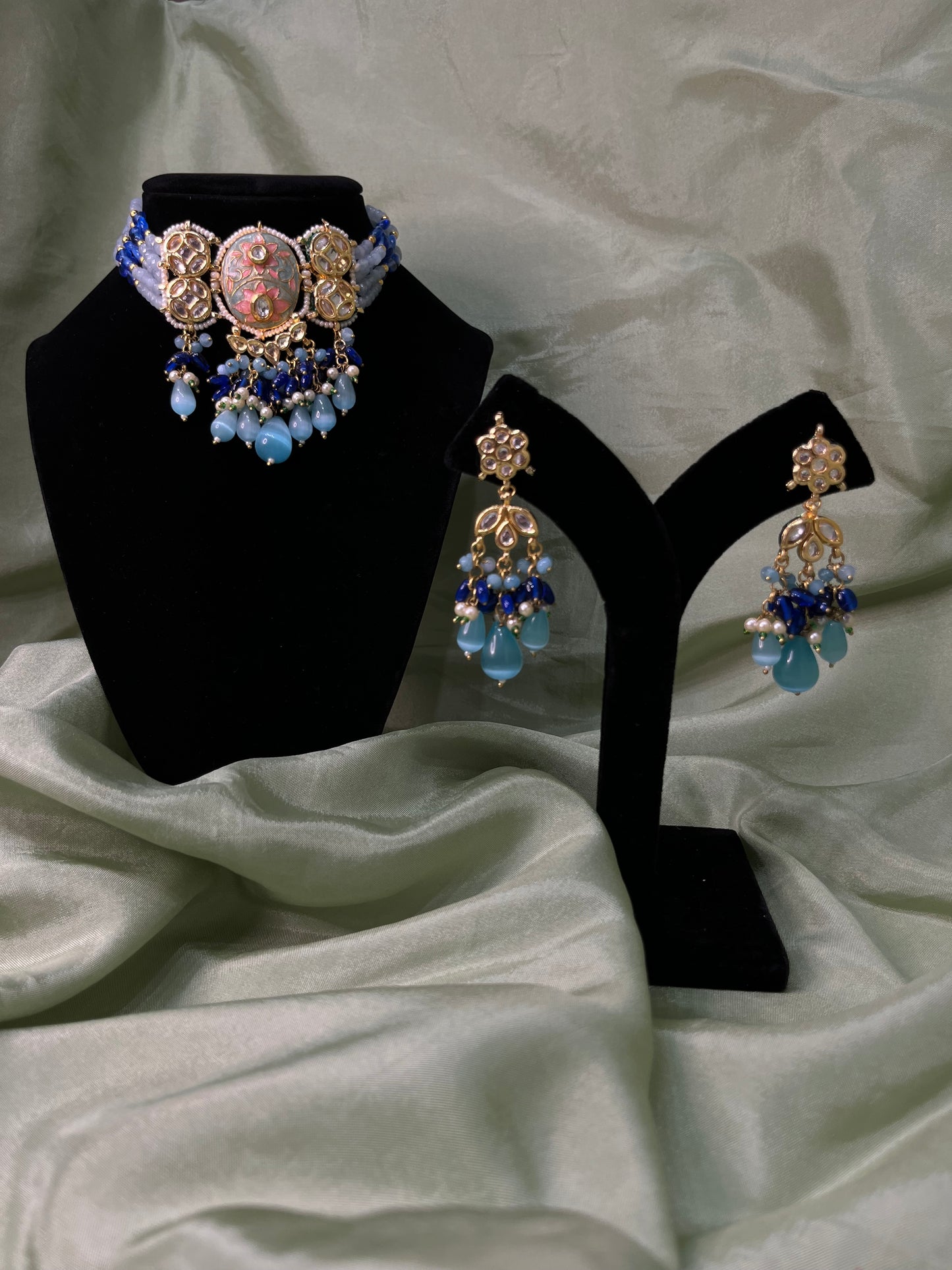 Light blue and Royal blue meenakari tiyani kundan choker