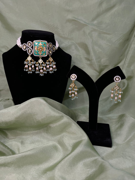 Frozi and baby pink meenakari Tiyani kundan choker set