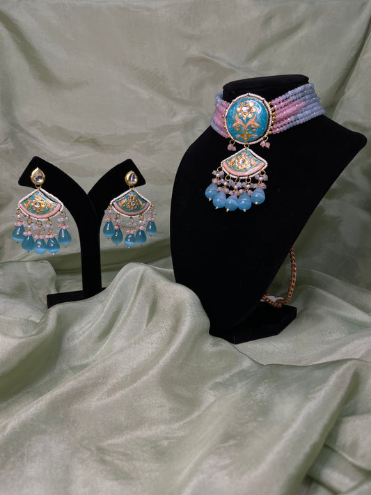 Frozi and baby pink meenakari Tiyani kundan choker set