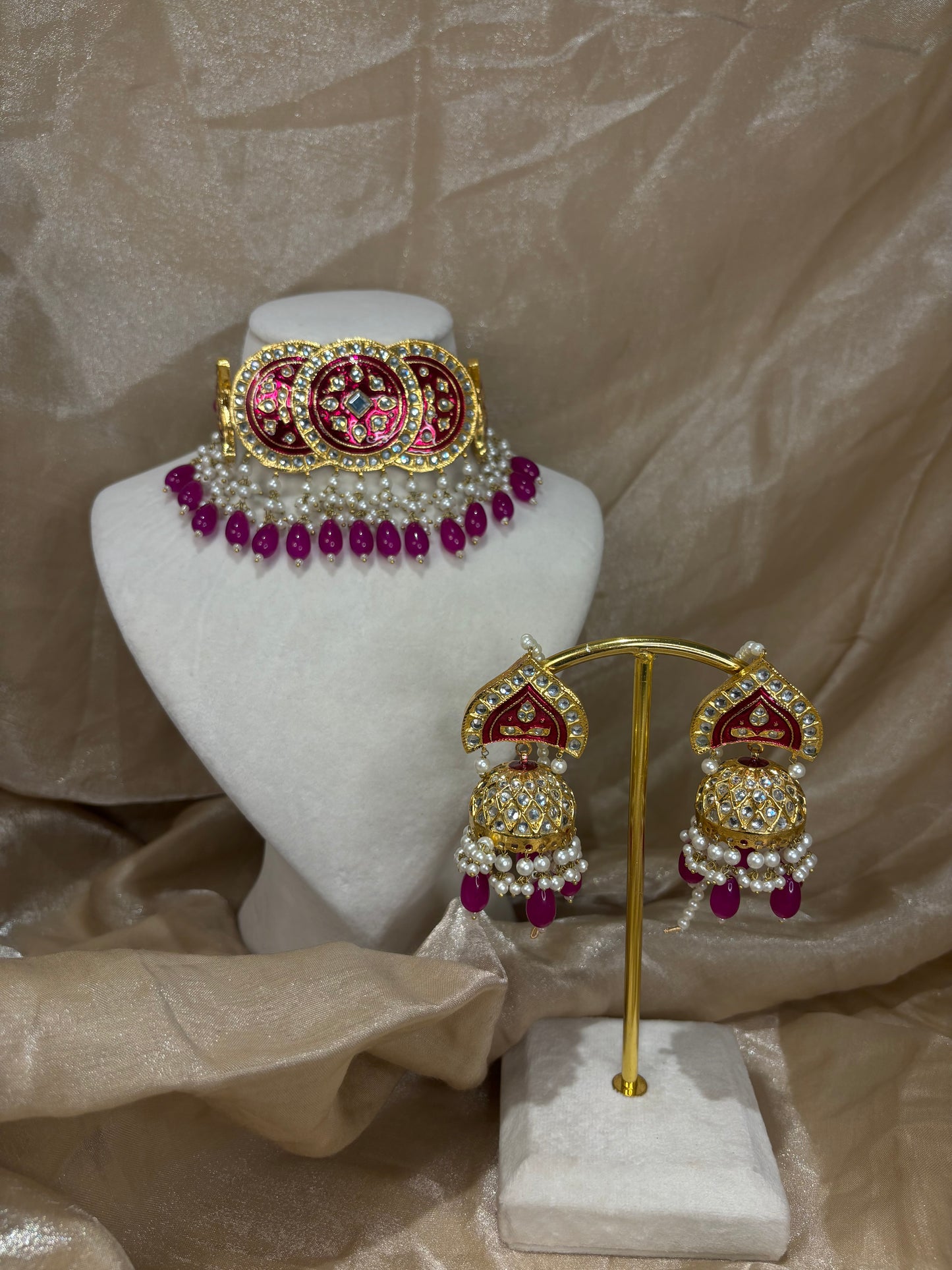 Hot pink thappa kundan choker set