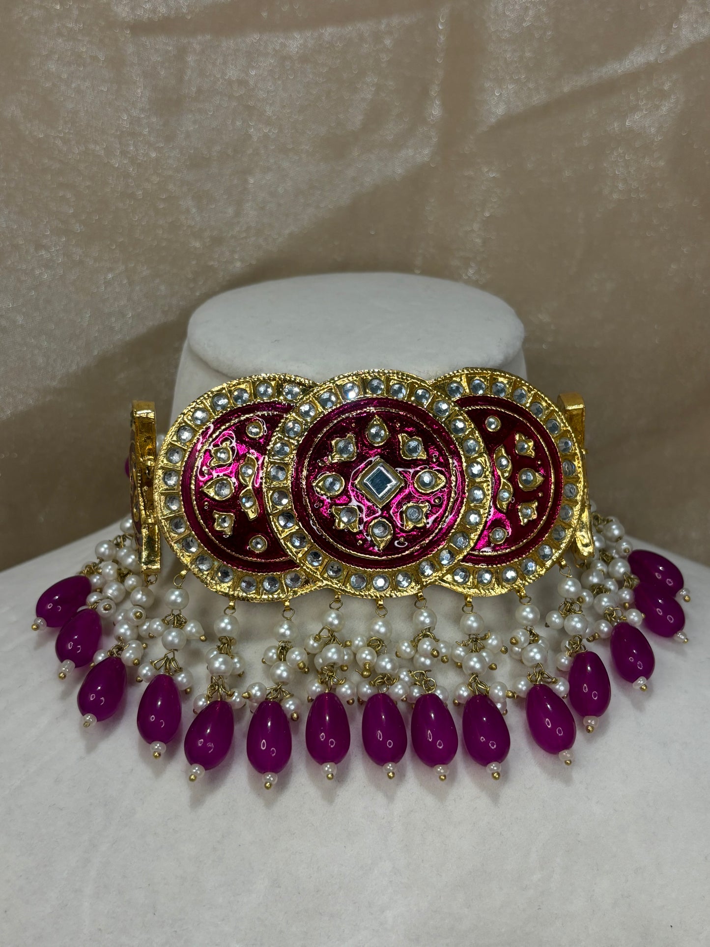 Hot pink thappa kundan choker set