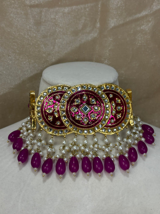 Hot pink thappa kundan choker set