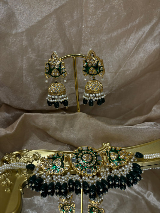 Emerald green thappa kundan choker set