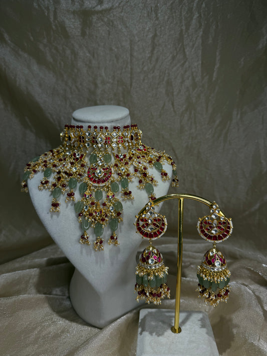 heavy sage green and maroon choker set