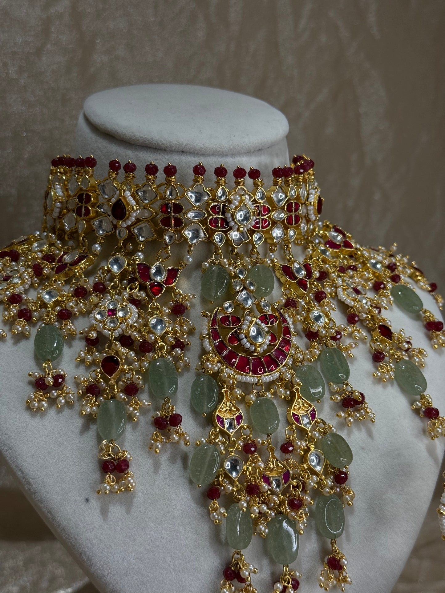 heavy sage green and maroon choker set