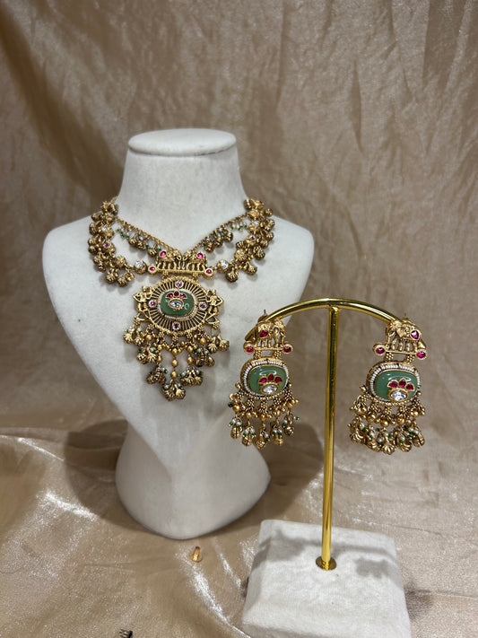 sage green layered necklace set