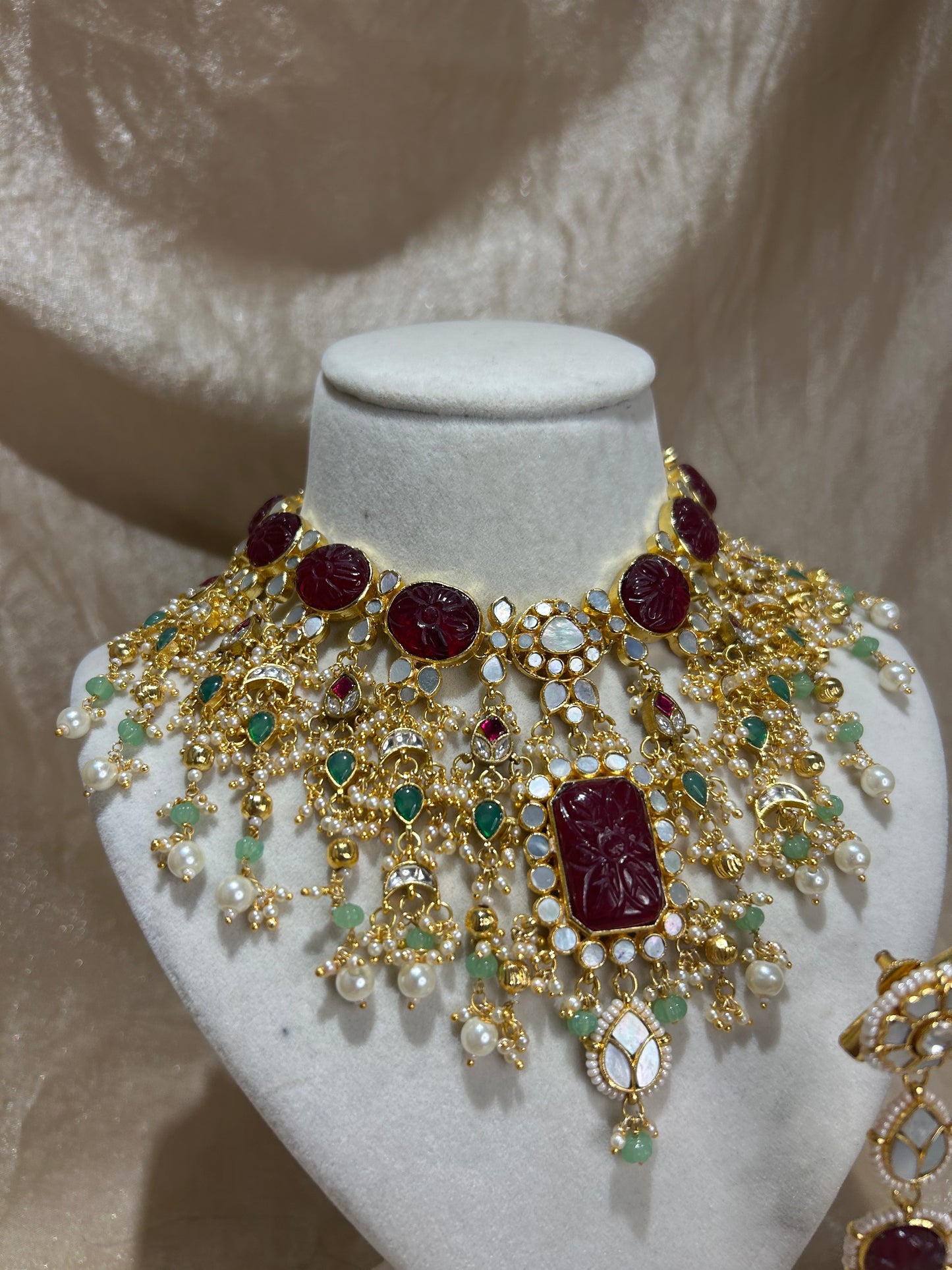 maroon/sage green necklace set