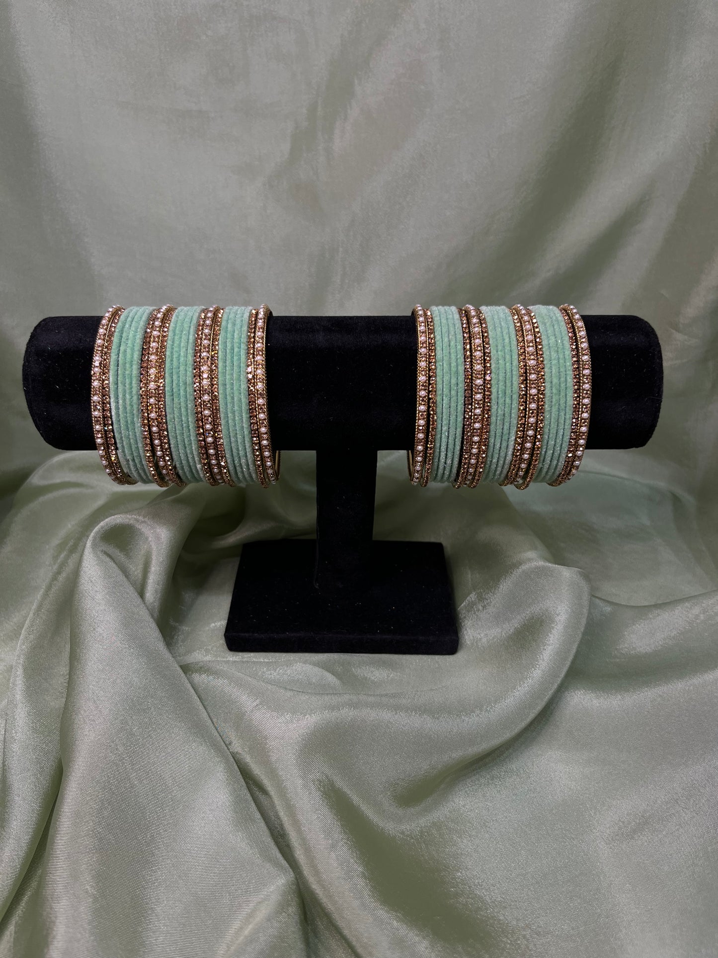 Mint green velvet bangle set with pearl kare