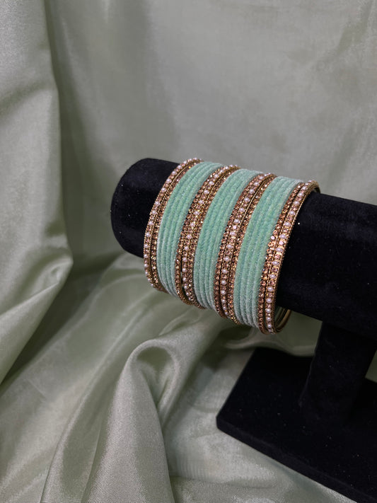 Mint green velvet bangle set with pearl kare