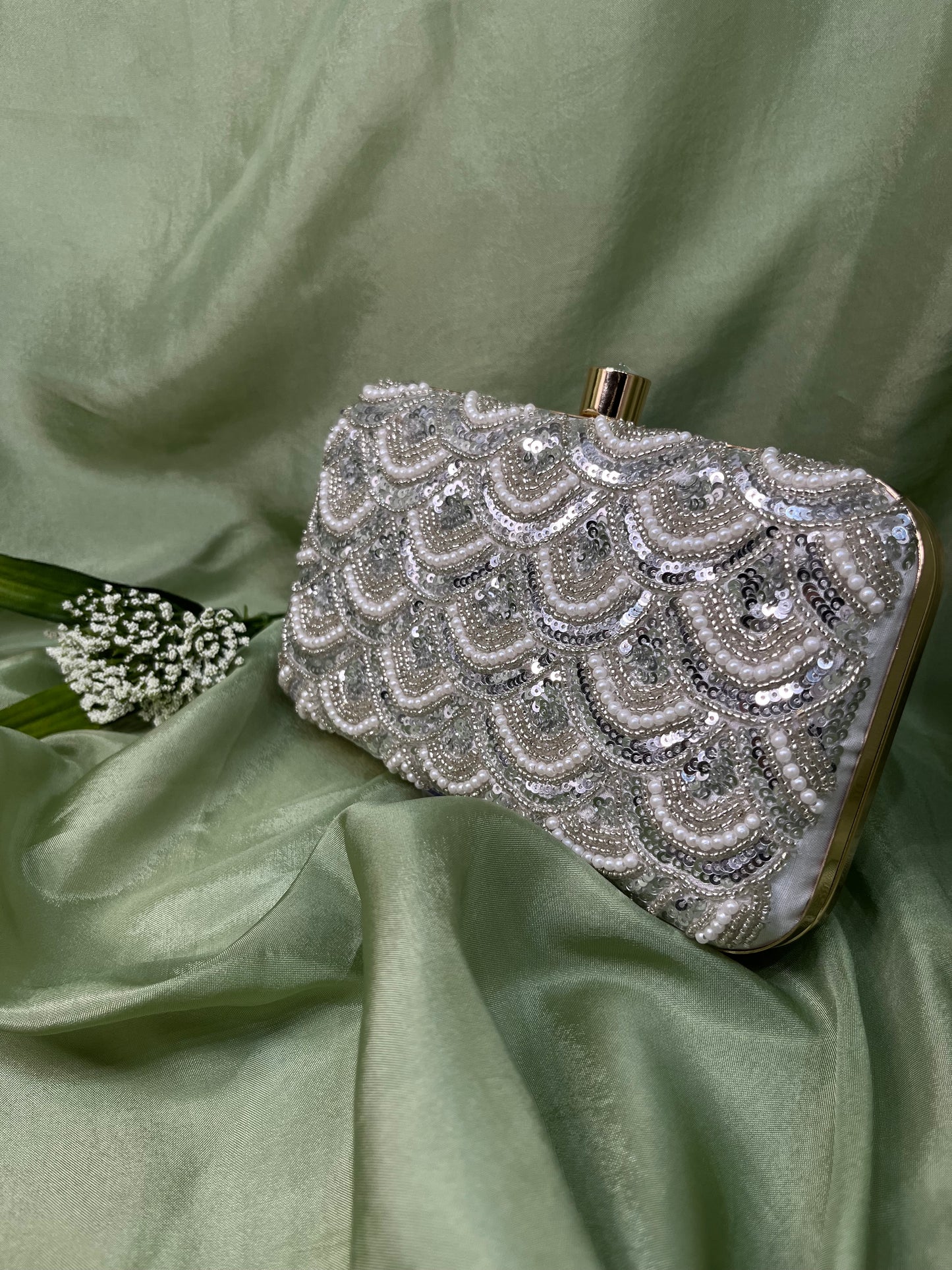Silver sequin clutch
