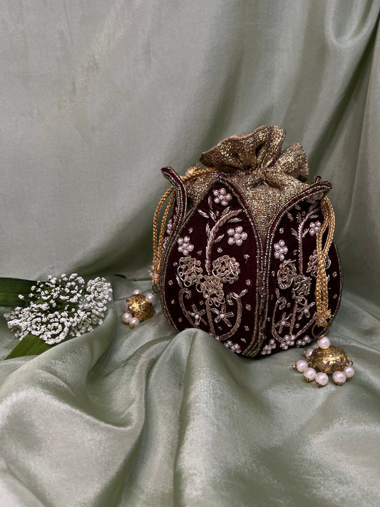 Maroon velvet potli