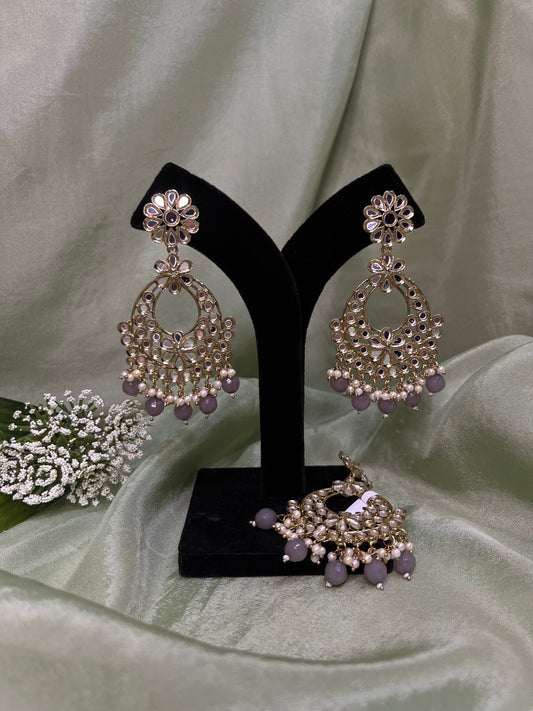 Grey mirror work earring/tikka set