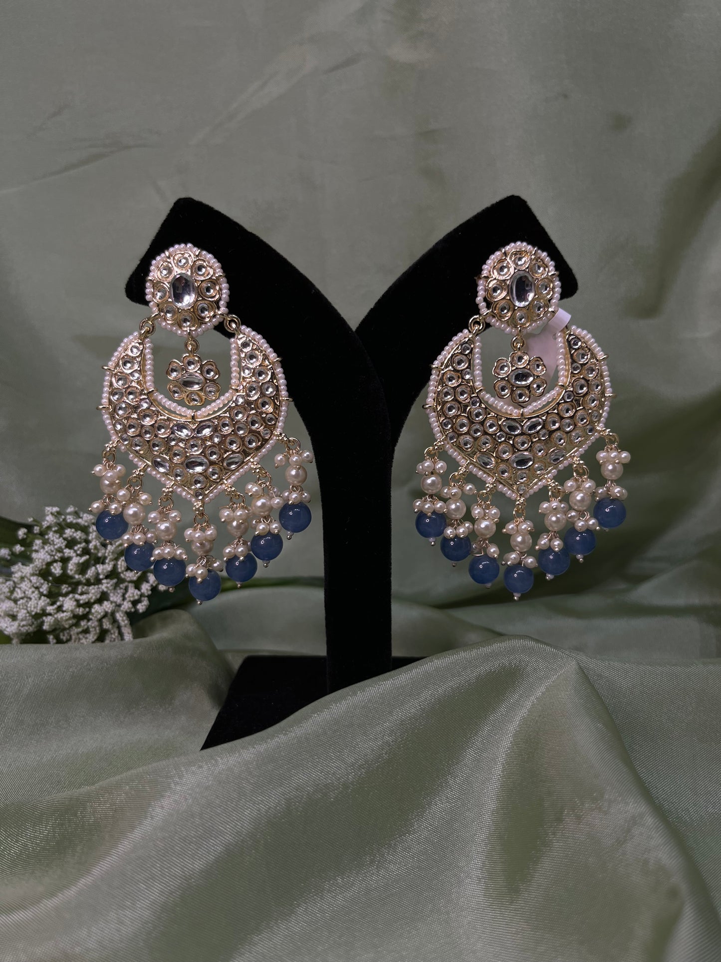 Navy blue white kundan earrings