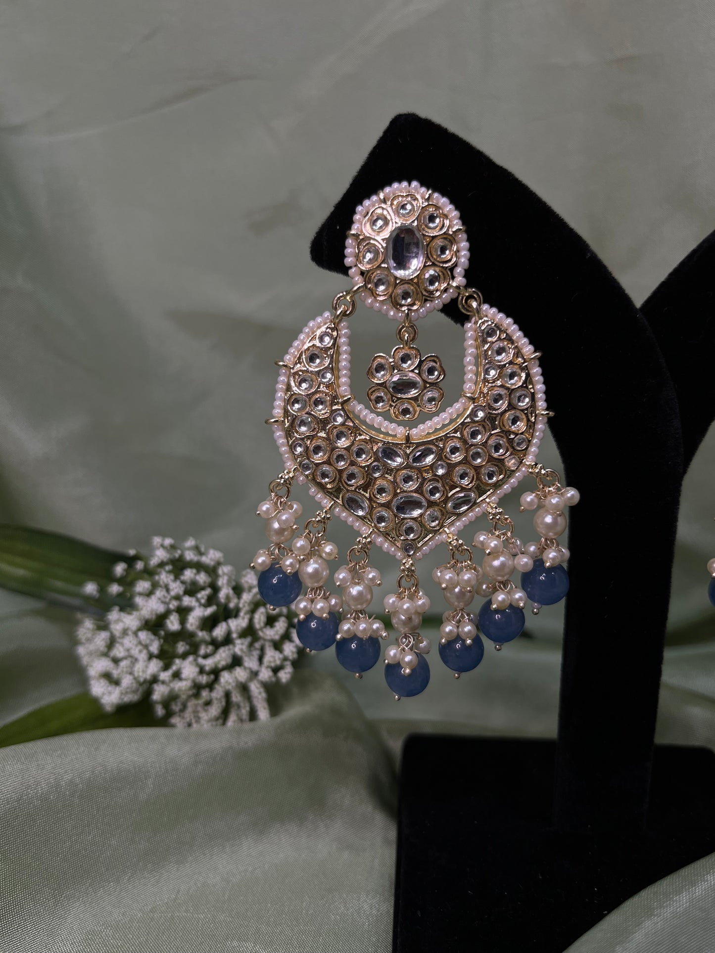 Navy blue white kundan earrings