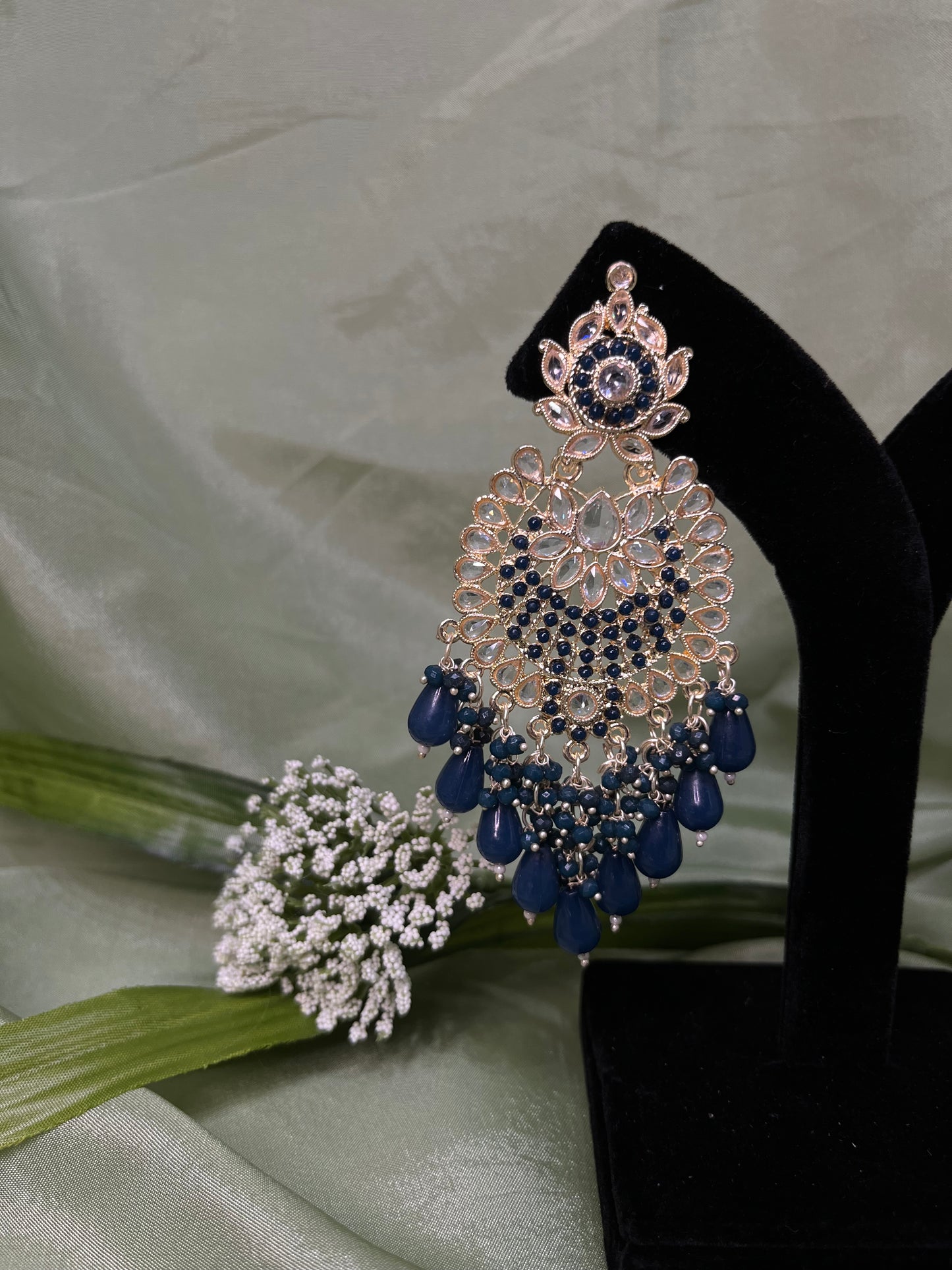 Navy blue white kundan earrings