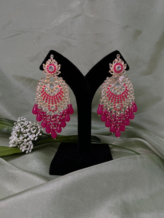 Hot pink white kundan earrings