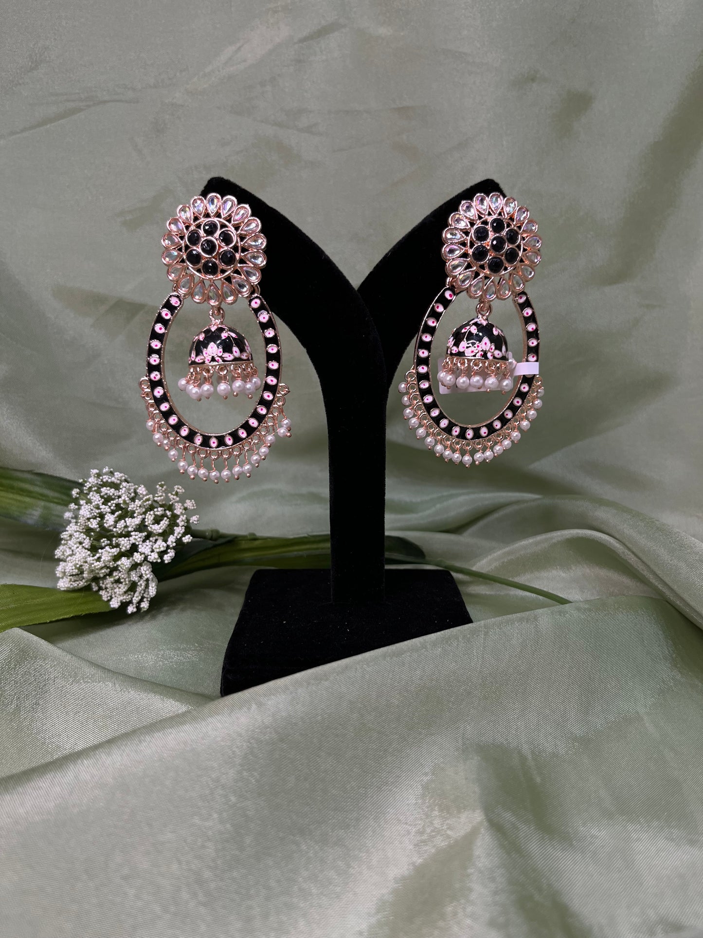 Black/rose gold meenakari earrings