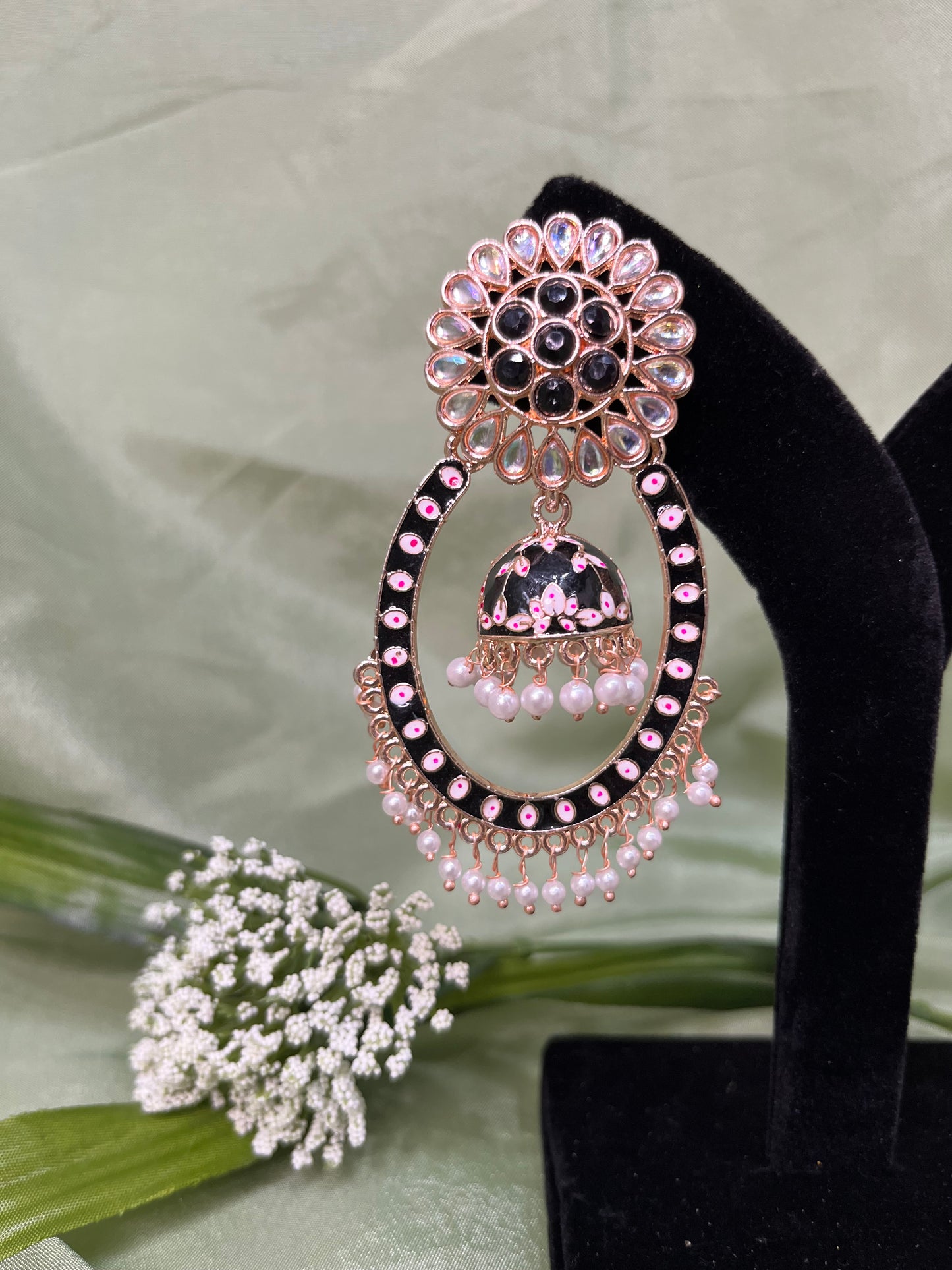 Black/rose gold meenakari earrings
